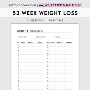 Gewichtsverliestracker in 52 weken | Afdrukbare grafiek voor fitnessvoortgang en logboek met lichaamsmetingen voor gezondheidsdoelen