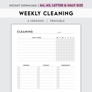 May include: Printable weekly cleaning checklist with sections for daily tasks, Monday through Sunday, and a separate section for weekend tasks. The checklist includes checkboxes for each task.