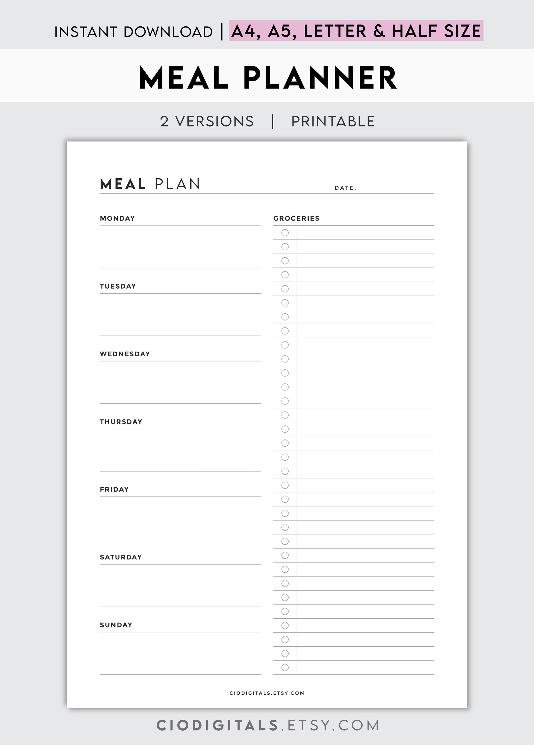 Meal Planner | Printable Grocery Organizer & Weekly Menu for Healthy ...