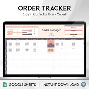 Puede incluir: Una captura de pantalla de una hoja de cálculo de Google Sheet en la pantalla de una computadora portátil. La hoja de cálculo se titula "Administrador de pedidos" y está fechada el 2/14/2025. La hoja de cálculo tiene columnas para el número de pedido, el cliente, el artículo, el importe, la fecha, el método de envío y el número de seguimiento. La hoja de cálculo también incluye una descripción general del estado con el número de pedidos en cada etapa del proceso de pedido. El importe total de los pedidos es de 783,00 €, el número total de pedidos es de 10 y el importe medio de los pedidos es de 78,30 €.