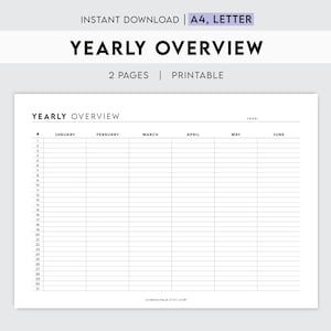 Puede incluir: Una plantilla imprimible de resumen anual con un diseño limpio y minimalista. El documento incluye secciones para cada mes y filas numeradas para entradas diarias. El texto "YEARLY OVERVIEW" se muestra en la parte superior, con "A4, LETTER" y "PRINTABLE".