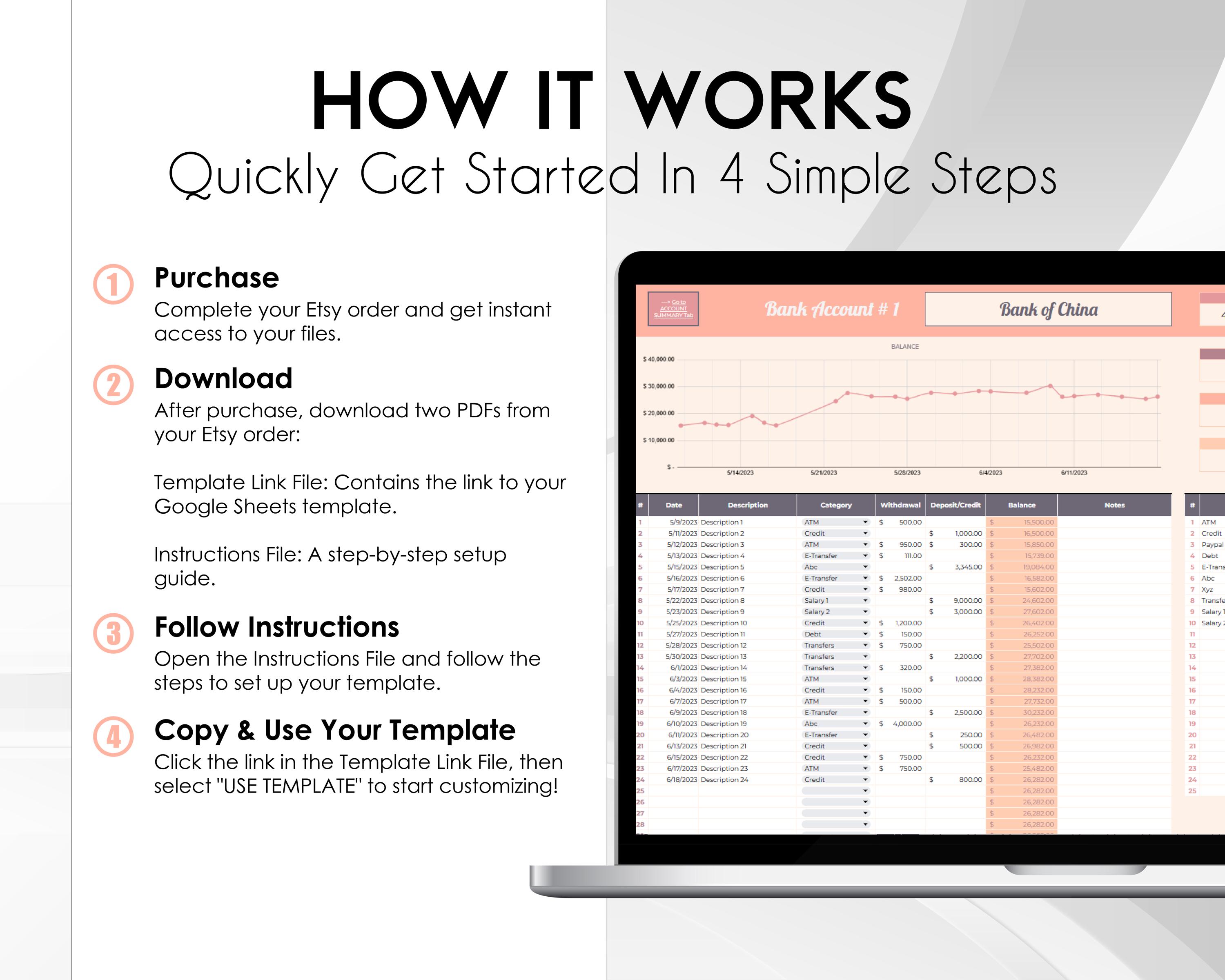 Bank Account Tracker Google Sheets, Digital Bank Ledger, Personal ...