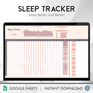 Op de afbeelding: Een screenshot van een Google Sheet-spreadsheet met de titel "Sleep Tracker" met een roze en grijze kleurschema. De spreadsheet is ontworpen om slaapgewoonten bij te houden en bevat een staafdiagram dat de slaapduur in de tijd laat zien. De tekst "Sleep Better, Live Better!" wordt bovenaan de spreadsheet weergegeven.