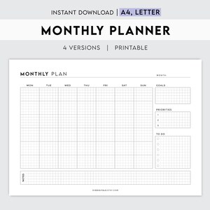 May include: A printable monthly planner with a grid layout for scheduling. The planner includes sections for goals, priorities, and to-do lists. The text "MONTHLY PLANNER" is at the top, with "A4, LETTER" and "4 VERSIONS | PRINTABLE" also visible.