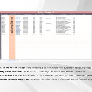Puede incluir: Una plantilla de hoja de c&aacute;lculo para organizar nombres de usuario, contrase&ntilde;as y preguntas de seguridad para cuentas en l&iacute;nea. La plantilla se titula "Lista de cuentas y contrase&ntilde;as" e incluye columnas para el sitio web, el nombre de usuario, la contrase&ntilde;a, las preguntas de seguridad y las notas.