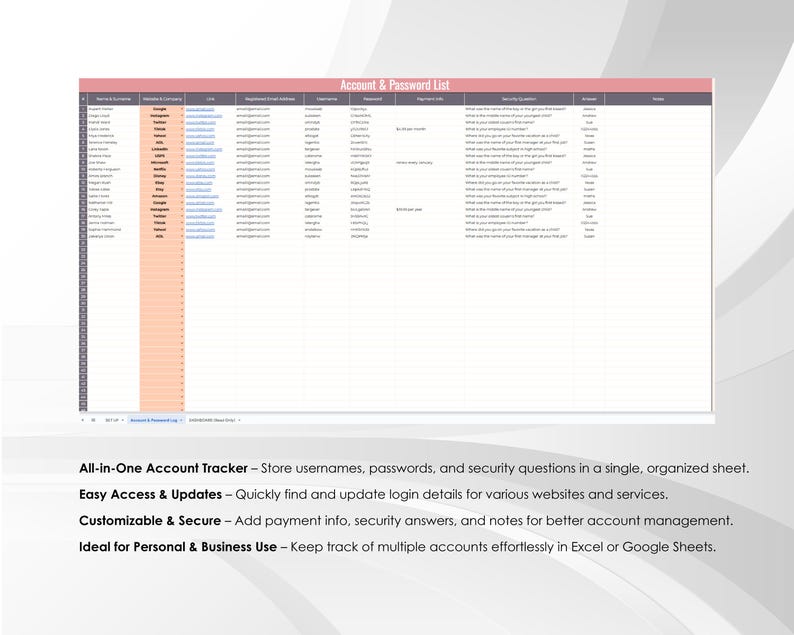 Puede incluir: Una plantilla de hoja de c&aacute;lculo para organizar nombres de usuario, contrase&ntilde;as y preguntas de seguridad para cuentas en l&iacute;nea. La plantilla se titula "Lista de cuentas y contrase&ntilde;as" e incluye columnas para el sitio web, el nombre de usuario, la contrase&ntilde;a, las preguntas de seguridad y las notas.