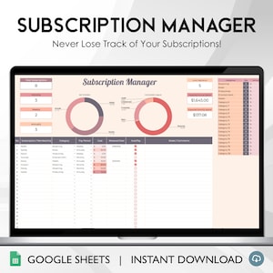 May include: A laptop screen displaying a Google Sheets spreadsheet titled "Subscription Manager". The spreadsheet includes a chart, a table, and a section for notes. The spreadsheet is designed to help users track their subscriptions and manage their finances.