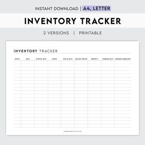 May include: A printable inventory tracker spreadsheet with columns for date, SKU, stock quantity, cost, sold quantity, sales price, profit, order quantity, and order amount.