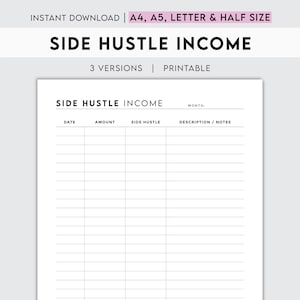 Side Hustle Income Tracker Printable | Freelance Earnings Organizer | Gig Economy Budget Planner | Part-Time Financial Logbook
