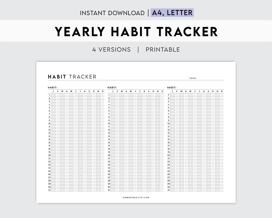 Yearly Habit Tracker Printable | 4 Versions Goal Progress & Habit ...