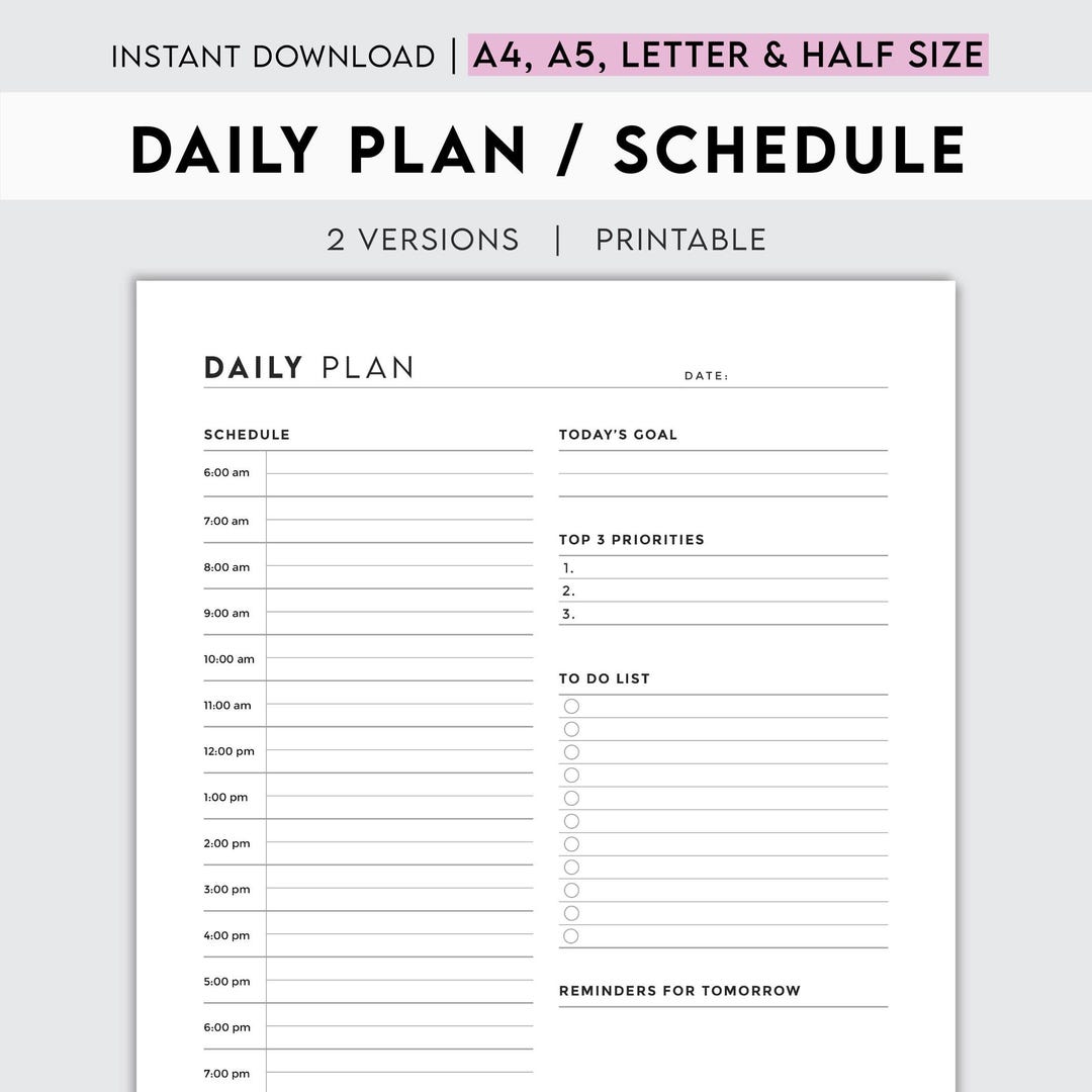 Daily Schedule & Priority Tracker - Printable Planner for A4, A5 ...