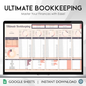 Puede incluir: Una pantalla de computadora portátil que muestra una hoja de cálculo de Google Sheets con el título "Ultimate Bookkeeping". La hoja de cálculo incluye gráficos, diagramas y tablas de datos para realizar un seguimiento de las finanzas. El texto "Master Your Finances with Ease!" se muestra encima de la hoja de cálculo. El texto "GOOGLE SHEETS | INSTANT DOWNLOAD" se muestra debajo de la hoja de cálculo.