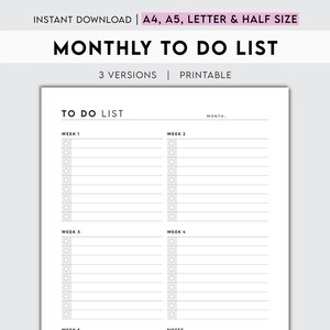 Peut inclure: Une liste de choses à faire mensuelle imprimable avec cinq semaines, une section de notes et un espace pour écrire le mois. La liste est divisée en quatre sections, chacune étiquetée "Semaine 1", "Semaine 2", "Semaine 3" et "Semaine 4". Chaque section a une colonne de cercles pour cocher les tâches et une colonne pour écrire les tâches.