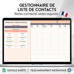 May include: A computer screen displaying a Google Sheets spreadsheet template for managing a contact list. The template is titled "Gestionnaire de Liste de Contacts" and includes fields for name, category, address, phone number, and email address. The spreadsheet is designed to help users stay organised and connected.