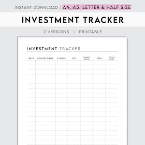 Pode incluir: Um rastreador de investimentos imprimível com colunas para data, nome da conta, símbolo, quantidade, preço das ações, taxas e custo total.