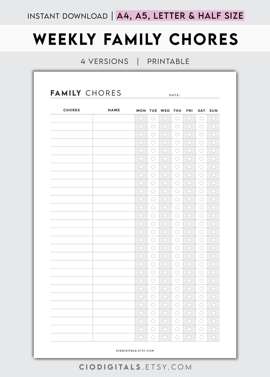 Weekly Household Task Weekly Family Chores Planner Printable | 4 Versions Household Task ...