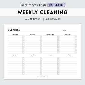 Op de afbeelding: Printbare wekelijkse schoonmaakchecklist met een eenvoudig ontwerp. De checklist is verdeeld in zeven dagen van de week, met ruimte voor notities.