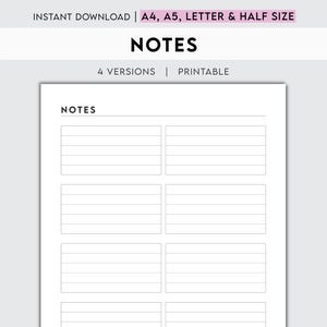 May include: A printable notes page with the title "NOTES" at the top. The page is divided into six sections, each with lined spaces for writing.