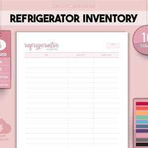 Puede incluir: Plantilla de lista de inventario de refrigerador imprimible en 10 colores. La plantilla tiene columnas para el artículo, la cantidad y la fecha de caducidad. La plantilla está disponible en cuatro tamaños: A4, A5, US Letter y Half Letter.