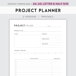 Op de afbeelding: Een zwart-witte printbare projectplanner met de titel "Project Plan" en secties voor projecttitel, doel, budget, startdatum, einddatum, projecttijdlijn, actieplan en deadline.