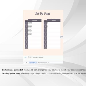 May include: A digital document titled "Set Up Page" with two columns labeled "Courses" and "Grades". The document includes a customizable course list and grading system setup. The text "Add" and "1000 more rows at the bottom" are visible.