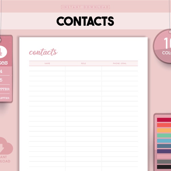 Contact List, Contact Email List, Printable Contacts, Contact Log, Printable, Address Book, Printable Inserts, Phone Book Pages, Contact