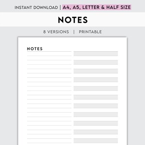 May include: A printable notes page with the word "NOTES" at the top. The page is divided into two columns, each with lined spaces for writing.