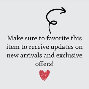 May include: Text that reads "Make sure to favorite this item to receive updates on new arrivals and exclusive offers!" with a red heart icon below the text.