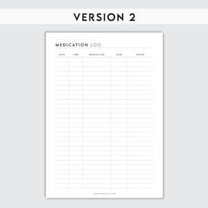 May include: Printable medication log with columns for date, time, medication, dose, and notes.