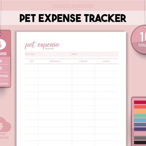 Puede incluir: Plantilla de seguimiento de gastos de mascotas imprimible en rosa con una cuadrícula blanca y encabezados para el nombre de la mascota, la raza, la fecha, la descripción, la categoría y el importe. La plantilla está disponible en 4 tamaños: A4, A5, US Letter y Half Letter. También está disponible en 10 colores.