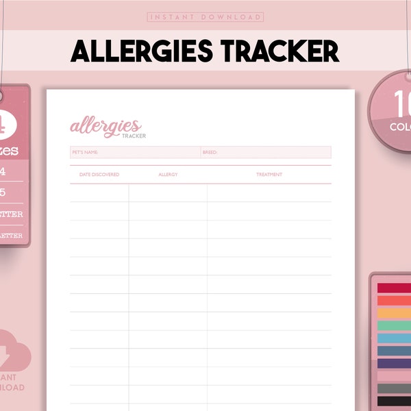 Allergies Printable, Allergy Journal, Allergy Log, Medical Emergency, Allergy Printable, Allergy Printables, Pet Medical Tracker, Pet Food