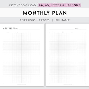 Op de afbeelding: Printbare maandelijkse planner met twee versies, elk met een rasterindeling voor planning. De eerste versie heeft kolommen voor maandag tot en met donderdag, terwijl de tweede versie kolommen heeft voor vrijdag tot en met zondag, met een sectie voor notities.