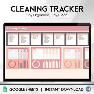 Könnte beinhalten: Ein Laptop-Bildschirm zeigt eine Google Sheets-Tabelle mit dem Titel "Cleaning Tracker". Die Tabelle ist in Abschnitte für verschiedene Räume und Aufgaben unterteilt, mit Kontrollkästchen für die Erledigung. Die Tabelle enthält auch Diagramme und Grafiken, um den Fortschritt zu verfolgen.
