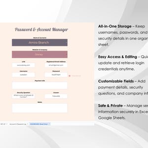 Puede incluir: Una captura de pantalla de una plantilla de hoja de c&aacute;lculo para administrar contrase&ntilde;as y cuentas. La plantilla incluye campos para el nombre, el sitio web, el nombre de usuario, la contrase&ntilde;a, la direcci&oacute;n de correo electr&oacute;nico registrada, la pregunta de seguridad, la respuesta, la informaci&oacute;n de pago y las notas. La plantilla est&aacute; dise&ntilde;ada para ayudar a los usuarios a organizar y administrar sus cuentas en l&iacute;nea.