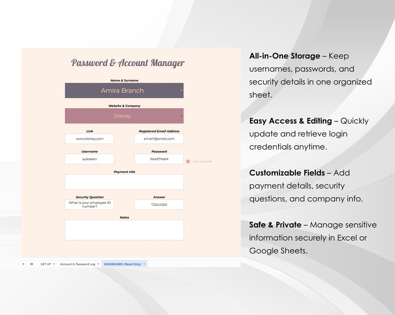 Puede incluir: Una captura de pantalla de una plantilla de hoja de c&aacute;lculo para administrar contrase&ntilde;as y cuentas. La plantilla incluye campos para el nombre, el sitio web, el nombre de usuario, la contrase&ntilde;a, la direcci&oacute;n de correo electr&oacute;nico registrada, la pregunta de seguridad, la respuesta, la informaci&oacute;n de pago y las notas. La plantilla est&aacute; dise&ntilde;ada para ayudar a los usuarios a organizar y administrar sus cuentas en l&iacute;nea.