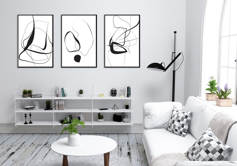 Set of 3 Wall Art Black And White Art Mid Century Art Living Etsy