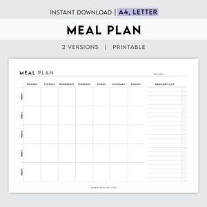 Puede incluir: Un planificador de comidas imprimible con un calendario semanal y una lista de la compra. El planificador tiene un diseño en blanco y negro con las palabras "Meal Plan" en la parte superior.