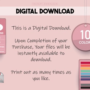 Może przedstawiać: R&oacute;żowa grafika pobrania cyfrowego z tekstem "DIGITAL DOWNLOAD" w kolorze czarnym. Grafika zawiera informacje o produkcie, takie jak 4 rozmiary (A4, A5, US Letter, Half Letter), 10 kolor&oacute;w i format pliku PDF. Tekst "To jest pobranie cyfrowe. Po zakończeniu zakupu pliki będą natychmiast dostępne do pobrania. Drukuj tyle razy, ile chcesz." jest r&oacute;wnież zawarty.