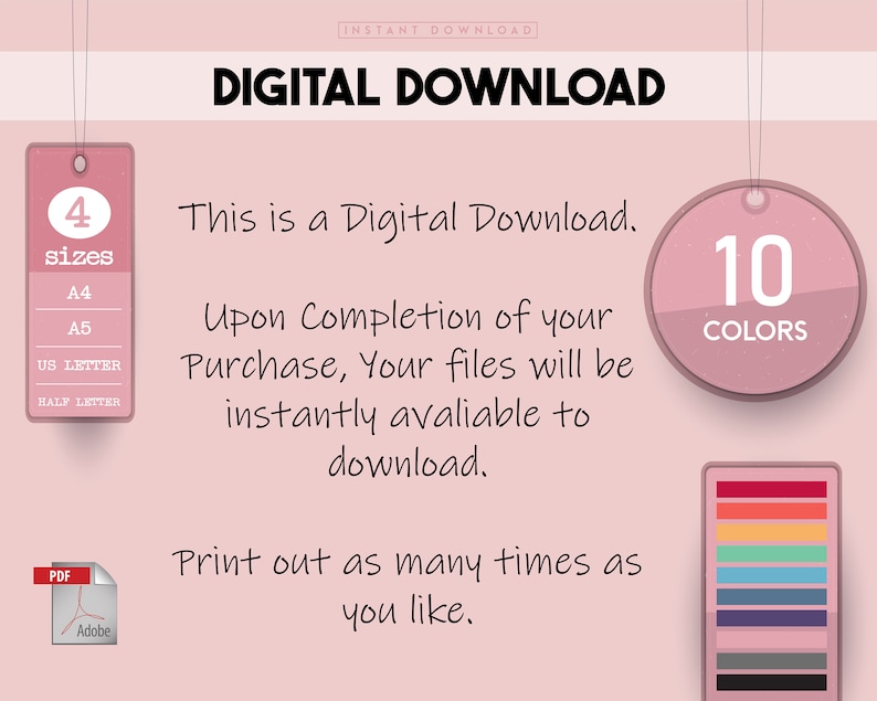 Może przedstawiać: R&oacute;żowa grafika pobrania cyfrowego z tekstem "DIGITAL DOWNLOAD" w kolorze czarnym. Grafika zawiera informacje o produkcie, takie jak 4 rozmiary (A4, A5, US Letter, Half Letter), 10 kolor&oacute;w i format pliku PDF. Tekst "To jest pobranie cyfrowe. Po zakończeniu zakupu pliki będą natychmiast dostępne do pobrania. Drukuj tyle razy, ile chcesz." jest r&oacute;wnież zawarty.