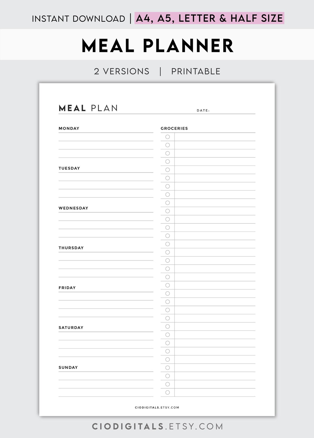 Weekly Meal Planner Printable | Grocery List Organizer (digital ...