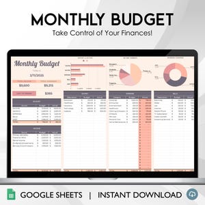 Può includere: Uno schermo di laptop che mostra un foglio di calcolo di Google Sheets con un modello di budget mensile. Il foglio di calcolo include sezioni per entrate, spese e risparmi. Il foglio di calcolo è intitolato "Budget mensile" e include la data "2/11/2025". Il foglio di calcolo include anche un grafico a torta che mostra la ripartizione delle spese.