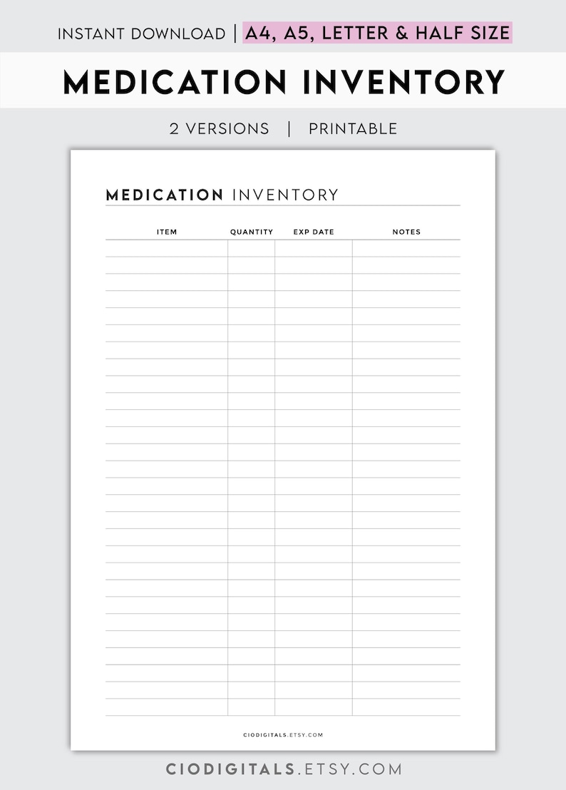 Free Printable Medication Inventory.pdf Medication Inventory Tracker | Printable Pharmacy Organizer & Expiry ...