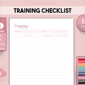 May include: Printable training checklist for pets with 10 color options and 4 sizes: A4, A5, US Letter, and Half Letter. The checklist includes sections for pet's name, breed, activity skill, training start time, and date skill mastered.