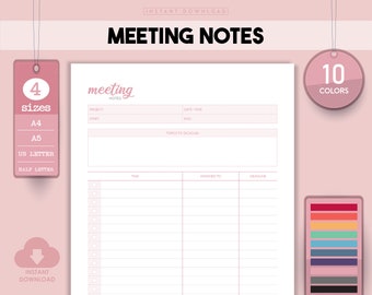Meeting Notes Template, Agenda, Minutes, 4 Sizes (PDF Download)