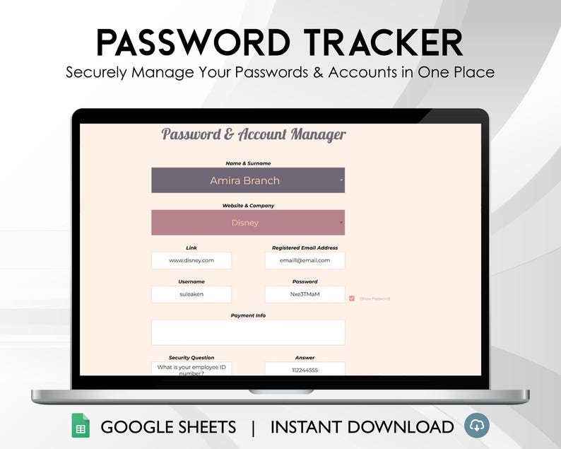 Hoja de cálculo de seguimiento de contraseñas / Inicio de sesión seguro y organizador de cuentas imagen 1