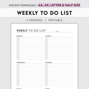 Op de afbeelding: Een printbare wekelijkse to-dolijst met een eenvoudig ontwerp. De lijst is verdeeld in dagen van de week, van maandag tot en met donderdag, met ruimte voor notities en een datum.