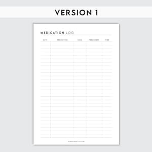 May include: A printable medication log with columns for date, medication, dose, frequency, and time. The log is designed for tracking medication intake.