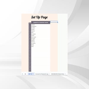 Puede incluir: Una hoja de c&aacute;lculo imprimible con una lista de sitios web y empresas, incluyendo Adobe, Instagram, Twitter, TikTok, Yahoo, AOL, LinkedIn, UPS, Microsoft, Google, Netflix, Disney, Amazon, eBay y Etsy. La hoja de c&aacute;lculo se titula "Set Up Page" y tiene un espacio para que el usuario ingrese el nombre del sitio web y la empresa.
