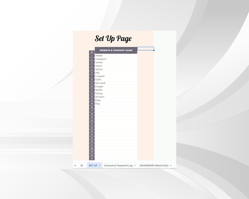 Puede incluir: Una hoja de c&aacute;lculo imprimible con una lista de sitios web y empresas, incluyendo Adobe, Instagram, Twitter, TikTok, Yahoo, AOL, LinkedIn, UPS, Microsoft, Google, Netflix, Disney, Amazon, eBay y Etsy. La hoja de c&aacute;lculo se titula "Set Up Page" y tiene un espacio para que el usuario ingrese el nombre del sitio web y la empresa.