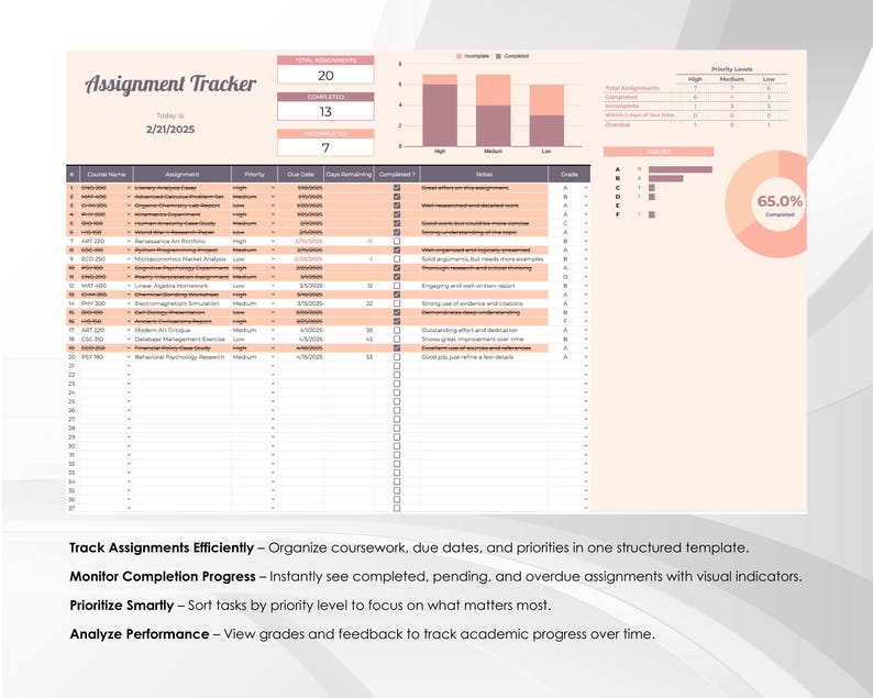 May include: A digital assignment tracker template with a peach and white color scheme. The spreadsheet displays course names, assignments, due dates, and completion status. Charts and graphs visualize progress and grades. Text includes "Assignment Tracker" and "2/21/2025".